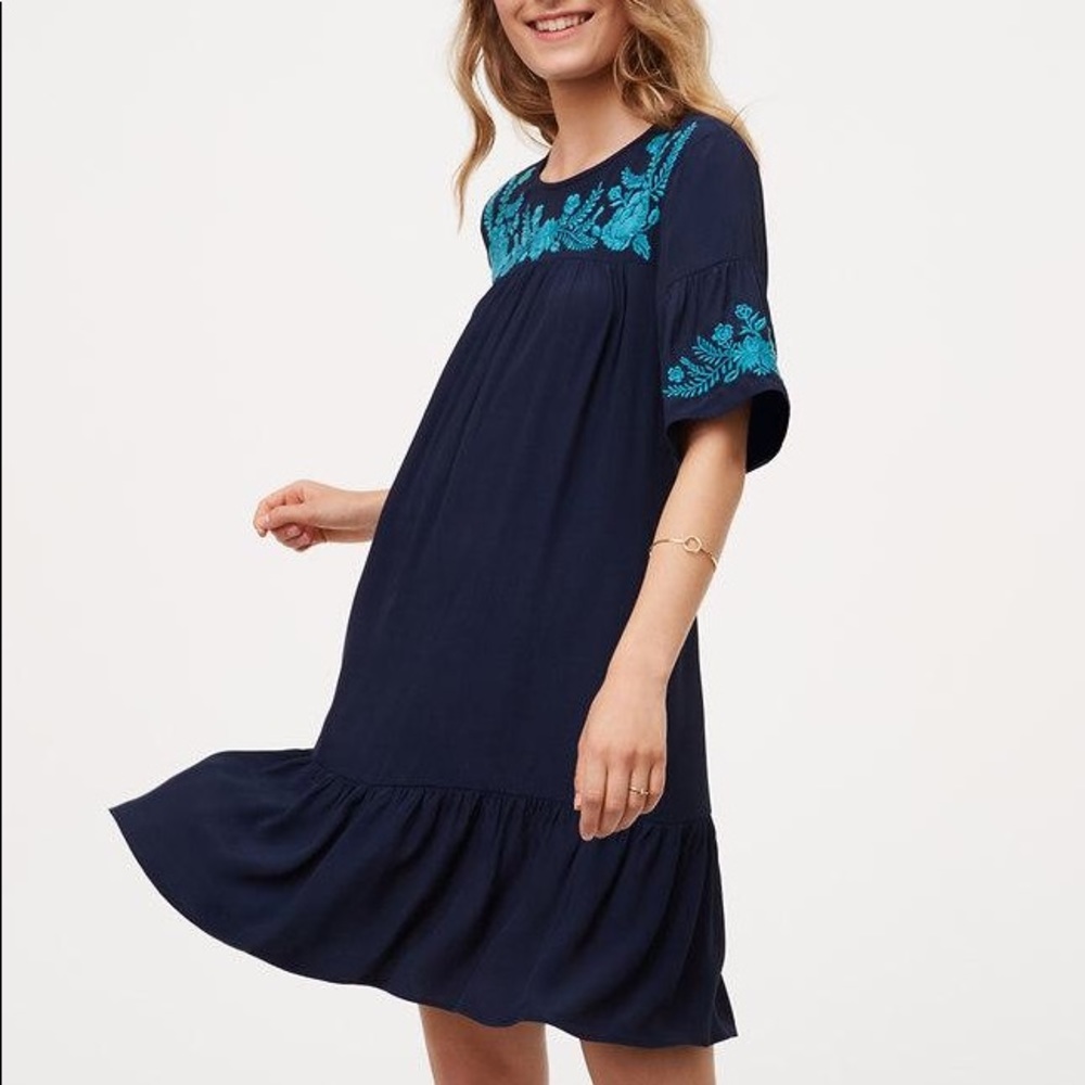 Loft Floral Embroidered Flounce Dress